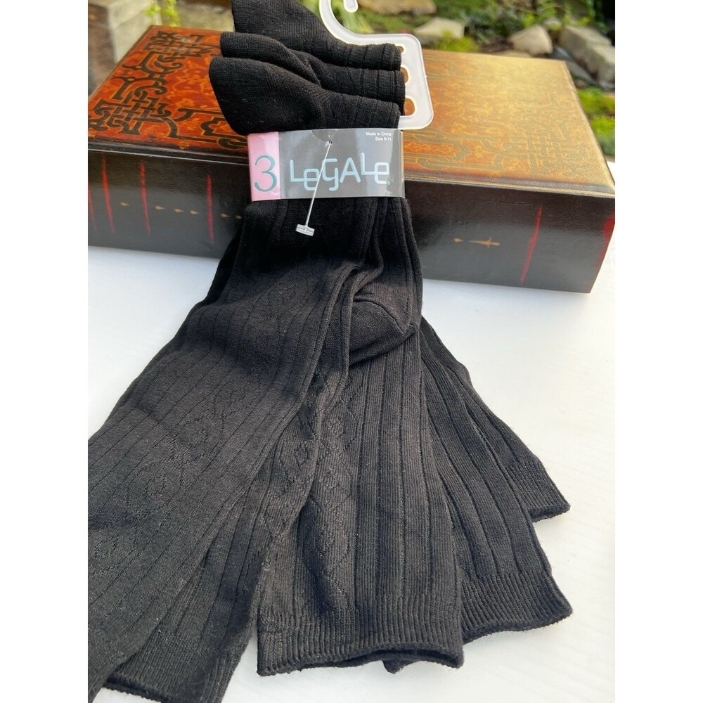 Deadstock Y2K LeGALe Black Crew Dress Socks 3 Set New Cable Knit Women Size 9-11